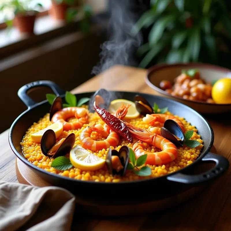 Paella de marisco con azafrán y limón en olla de hierro, con langostinos, mejillones, calamares y almejas sobre un arroz dorado con socarrat, decorada con rodajas de limón y hierbabuena fresca.