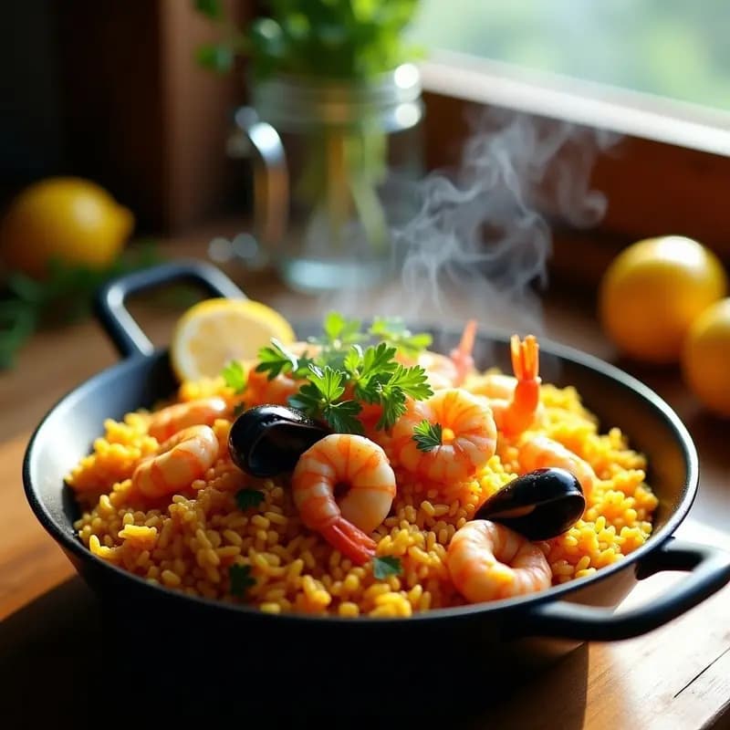 Paella de marisco y azafrán en olla express, con arroz amarillo dorado, gambas rosadas, mejillones y calamares distribuidos sobre el arroz, decorada con perejil fresco y gajos de limón.