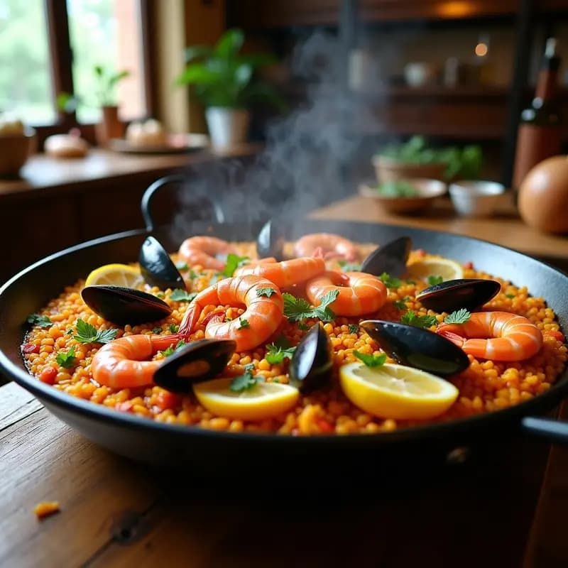 Paellera de acero brillante con paella de marisco con azafrán y pimentón, repleta de arroz dorado, gambas, mejillones, calamares y almejas, decorada con perejil fresco y gajos de limón. El socarrat crujiente se ve en el fondo, y el azafrán le da un color dorado intenso. Plato festivo y tradicional español sin lactosa.