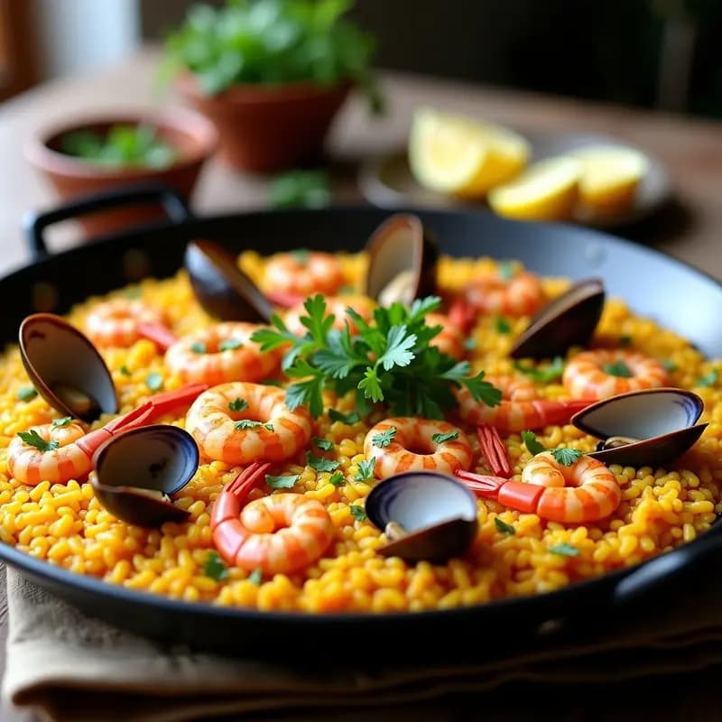 Paellera de acero con paella de marisco y azafrán, arroz dorado con socarrat crujiente, almejas abiertas, gambas rojas y mejillones brillantes, decorada con perejil fresco y gajos de limón, sobre fondo rústico de madera.