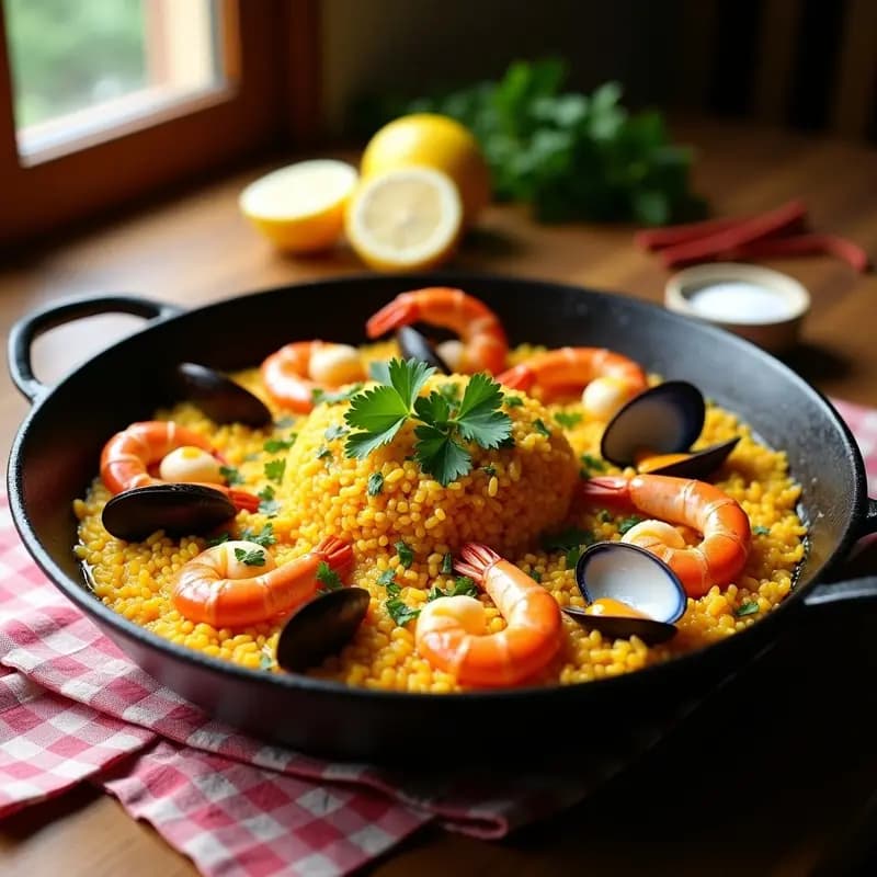 Paella de marisco y azafrán al estilo valenciano en sartén de hierro, con gambas, mejillones, almejas y calamares sobre un arroz dorado con socarrat crujiente, decorada con perejil y gajos de limón.