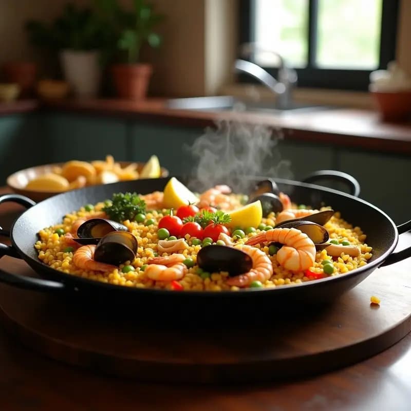 Paellera humeante con paella de marisco y pollo, arroz dorado con socarrat, gambas, mejillones, calamares y trozos de pollo, decorada con rodajas de limón sobre fondo rústico de madera.