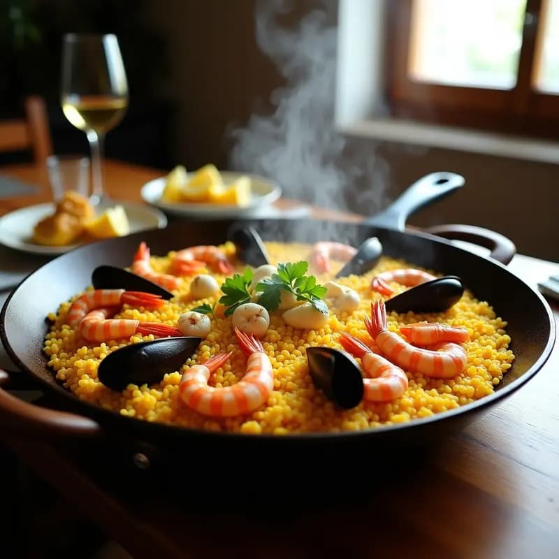 Sartén grande con paella de marisco humeante, arroz amarillo por el azafrán, gambas rosadas, mejillones negros abiertos y anillas de calamar, decorada con perejil fresco y gajos de limón, receta costera tradicional.