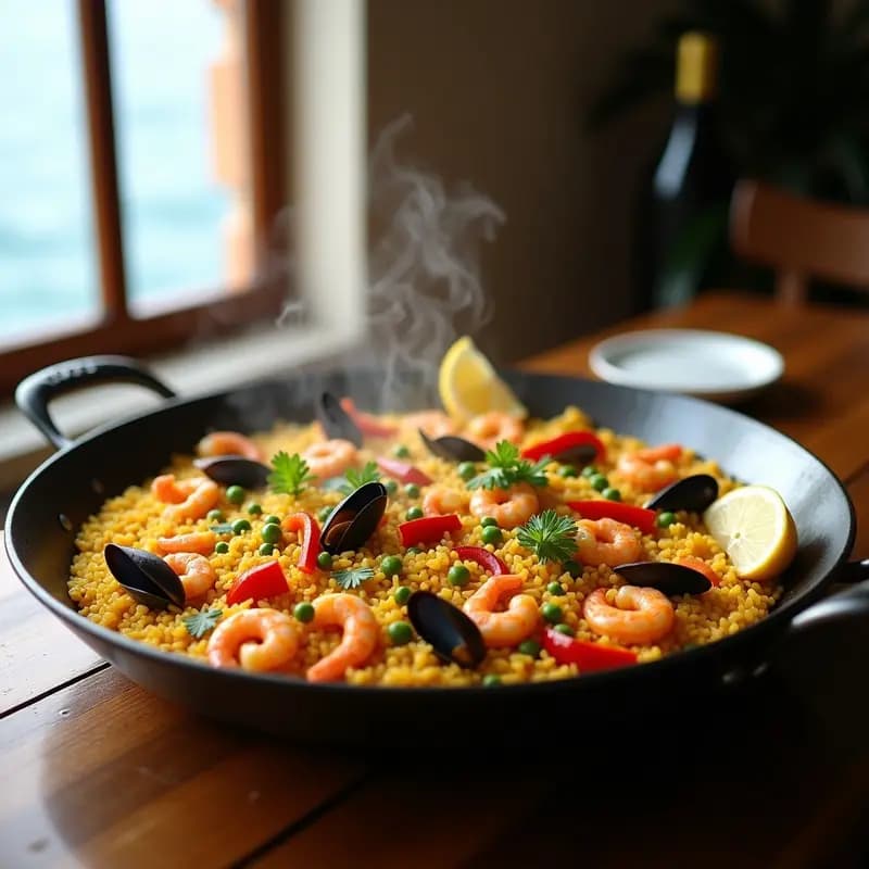 Paellera de acero con paella de marisco y verduras humeante, arroz bomba dorado, gambas, mejillones y calamares, decorada con perejil y gajos de limón sobre fondo rústico de madera.