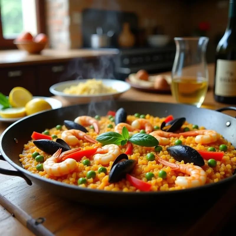 Paella de marisco y verduras valenciana en sartén ancha, con arroz meloso, gambas rosadas, mejillones abiertos, calamares y pimientos rojos, decorada con gajos de limón.