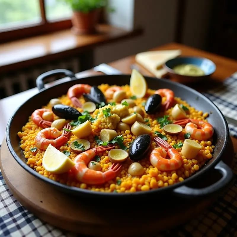 Paella de Mariscos y Alcachofas tradicional valenciana en sartén de hierro, con socarrat dorado, gambas rojas, mejillones abiertos, almejas y alcachofas tiernas, decorada con perejil fresco y gajos de limón.