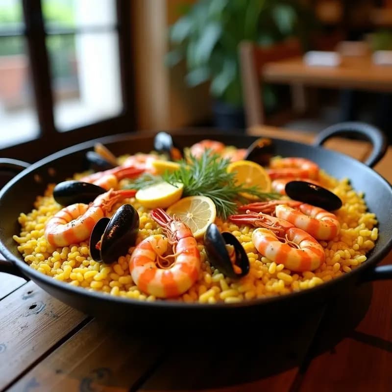 Paellera de acero con Paella de Mariscos con Azafrán y Limón, repleta de gambas rojas, mejillones, calamares y almejas sobre un lecho de arroz dorado con socarrat. Decorada con rodajas de limón y perejil fresco, en un entorno rústico con luz natural.