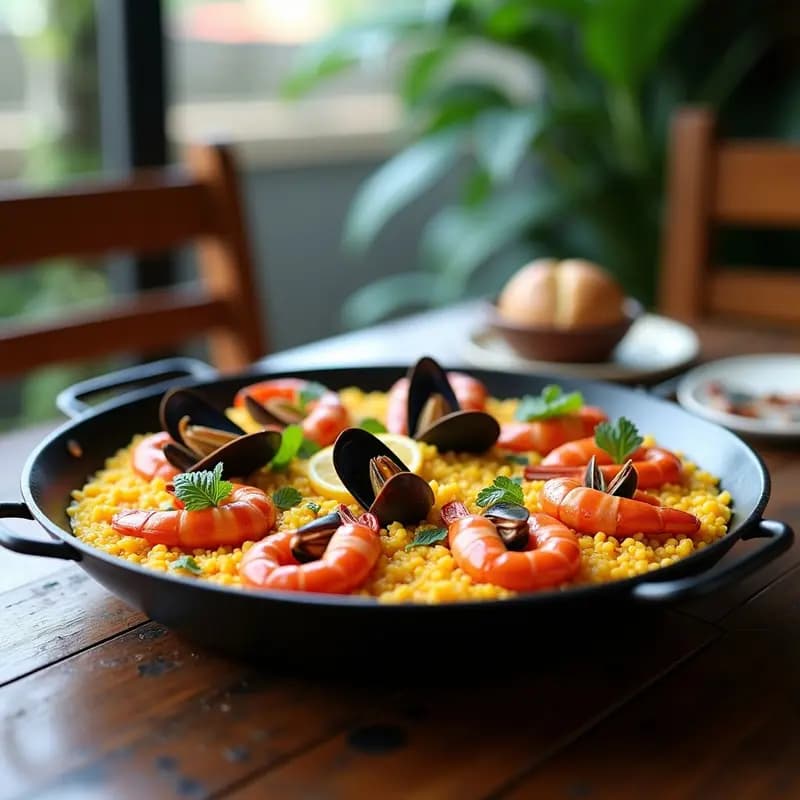Paellera de 40 cm con paella de mariscos con azafrán y pimentón, llena de arroz dorado, gambas rojas, mejillones, almejas y sepia, decorada con hierbabuena y rodajas de limón, sobre una mesa rústica de madera.