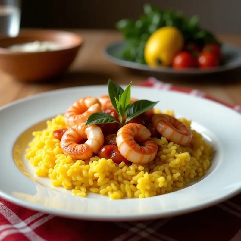 Paellera de acero con paella de marisco española humeante, arroz dorado por el azafrán, gambas rojas, mejillones y calamares, decorada con gajos de limón y perejil fresco sobre fondo rústico de madera.