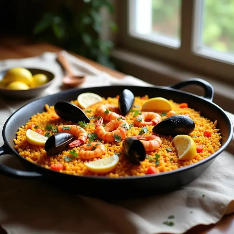 Paellera de hierro fundido con paella de mariscos al estilo valenciano, repleta de arroz amarillo con azafrán, gambas rojas, mejillones abiertos, calamares y almejas, decorada con gajos de limón y perejil fresco sobre un mantel rústico de lino.
