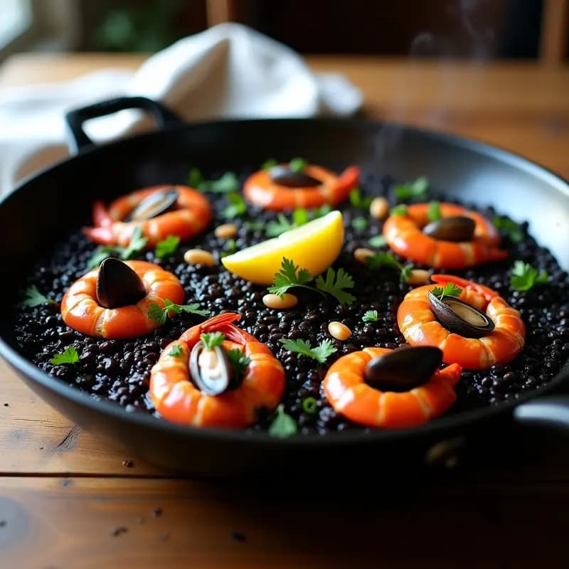 Paellera de acero con paella de mariscos negros, arroz de color oscuro por la tinta de calamar, gambas rojas, mejillones y almejas. Decorada con rodajas de limón y perejil fresco. Fondo rústico con servilleta de lino.