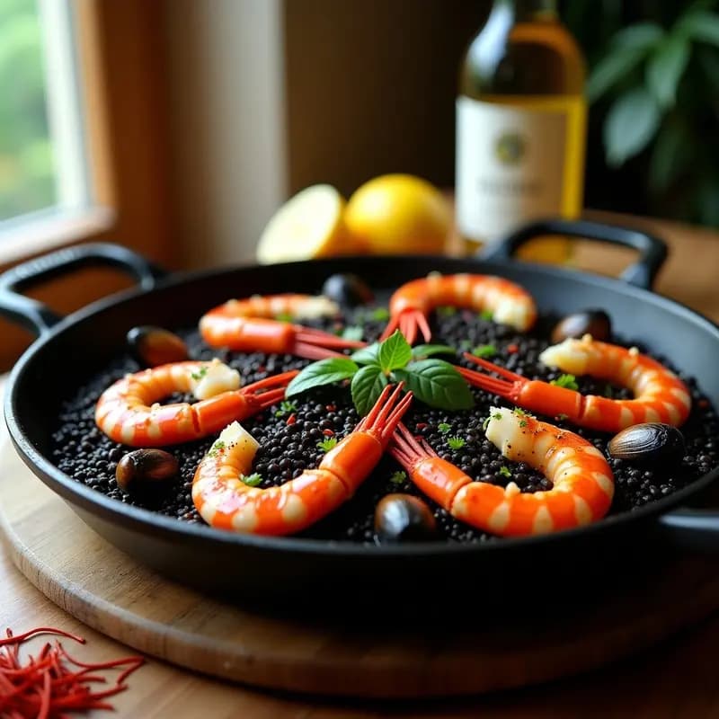 Cazuela de hierro negra con paella de mariscos negros y tinta de calamar, arroz brillante de color ébano, gambas rojas, almejas abiertas y ñoclos, decorada con gajos de limón y perejil fresco.