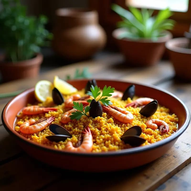 Paella de mariscos y salvado de trigo en olla lenta, servida en plato hondo de barro con gambas, mejillones y almejas sobre un arroz dorado con hebras de azafrán, decorada con perejil y gajos de limón.