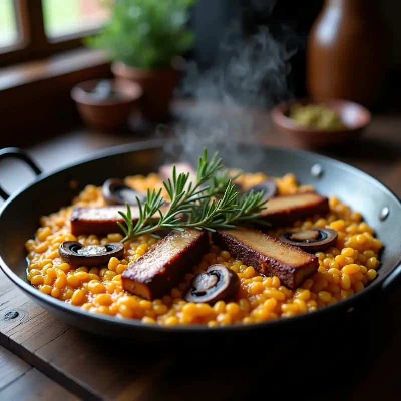 Paellera de acero con paella de montaña humeante, costillas de cerdo doradas, champiñones portobello en láminas y arroz bomba meloso, decorada con una rama de romero fresco sobre fondo rústico de madera.