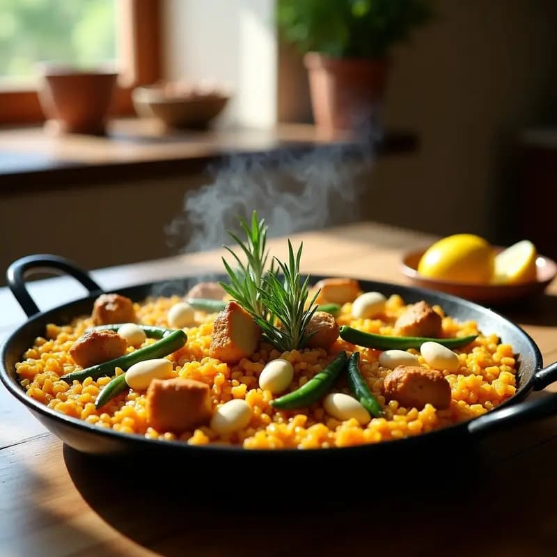 Paellera de hierro con paella valenciana tradicional de pollo y conejo, arroz bomba dorado, trozos de conejo y pollo, garrofón y judías verdes, con socarrat en el fondo y ramas de romero como decoración.