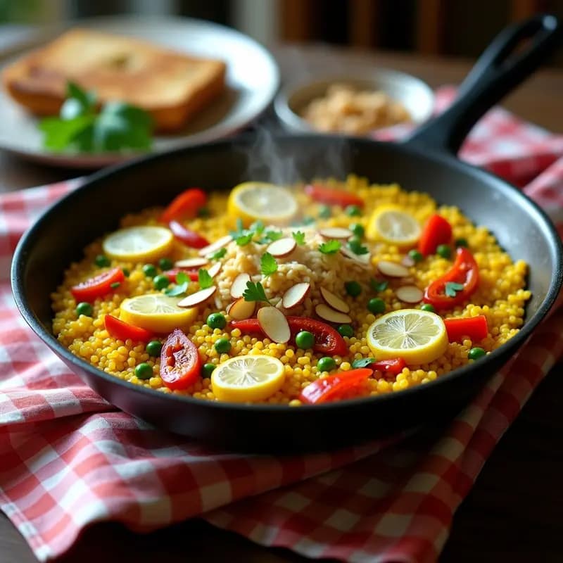 Paellera de acero con paella vegana de alcachofas y azafrán, arroz bomba dorado con socarrat crujiente, alcachofas en cuartos, judías verdes y pimiento rojo asado. Decorada con romero fresco y gajos de limón, fondo rústico de madera.
