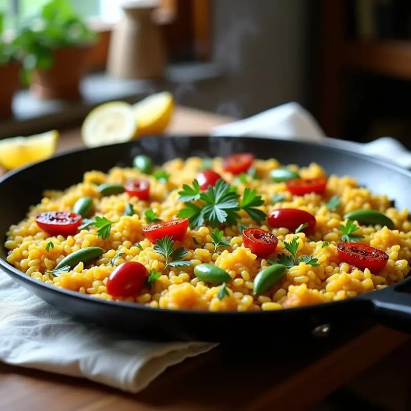 Paellera de acero con paella de verduras humeante: arroz bomba amarillo con trozos de alcachofas, habas tiernas y tiras de pimientos del piquillo rojos. Decorada con perejil fresco y rodajas de limón al lado.
