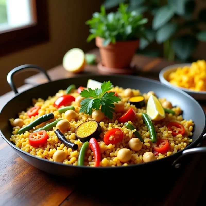 Paellera de hierro con paella de verduras y azafrán con arroz integral, garnachos, alcaparras y romero, sobre fondo rústico de madera.