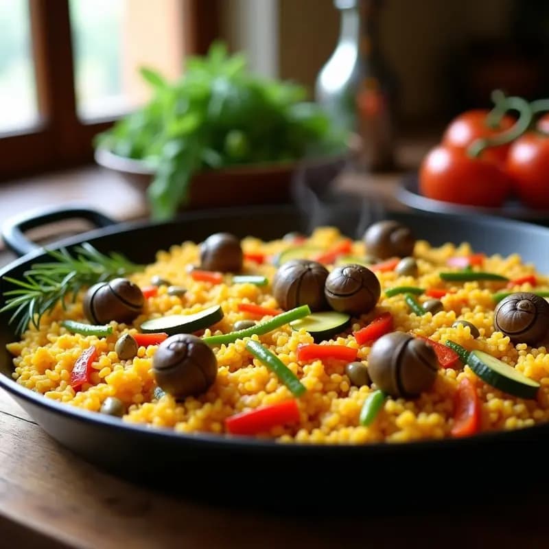 Paellera de acero con paella de verduras y caracoles, arroz meloso amarillo por el azafrán, trozos de alcachofa, habas tiernas, pimiento rojo y caracoles de monte. Decorada con gajos de limón y una rama de romero fresco sobre fondo rústico de madera.