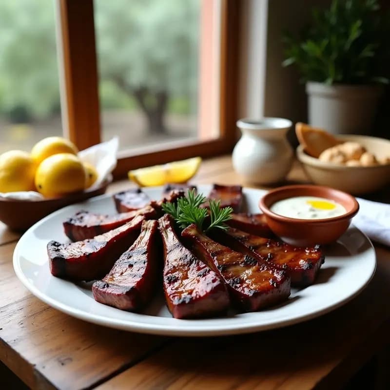 Plato de costillas de cordero a la parrilla (paidakia) doradas y jugosas, servidas con salsa tzatziki cremosa en un bol de barro, decoradas con ramitas de eneldo fresco y rodajas de limón, sobre una mesa rústica de madera con pan pita al lado.