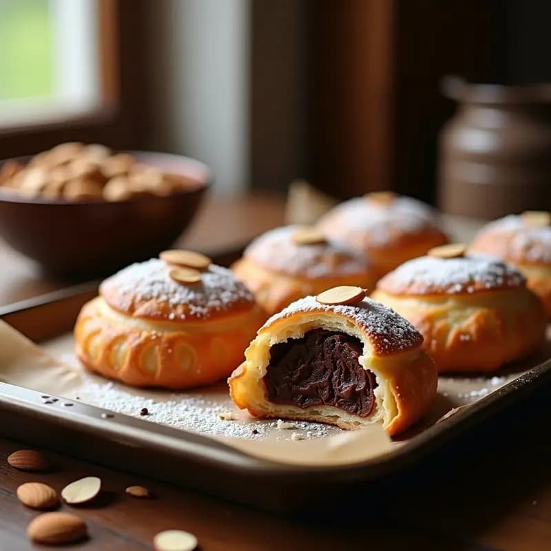 Pain au chocolat de masa filo sin gluten dorados y crujientes sobre bandeja de horno, con capas visibles y chocolate derritiéndose en el interior, espolvoreados con azúcar glass y almendras fileteadas.