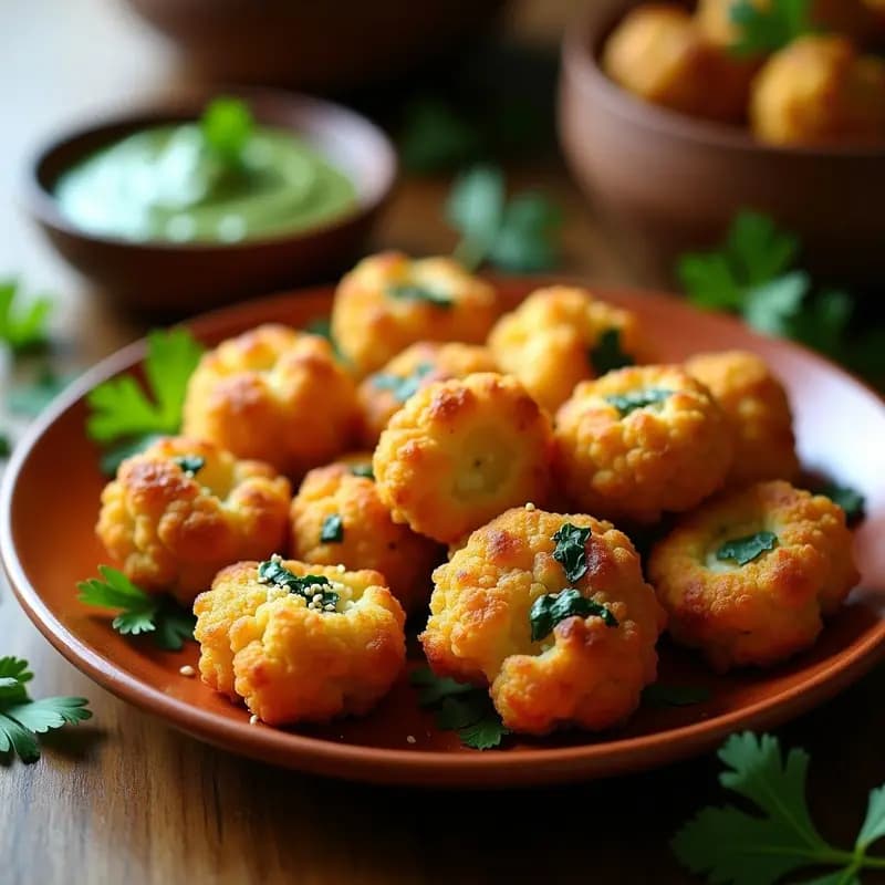 Pakoras de coliflor y espinacas doradas y crujientes servidas en un plato de barro con chutney verde, aperitivo indio en airfryer sin aceite.