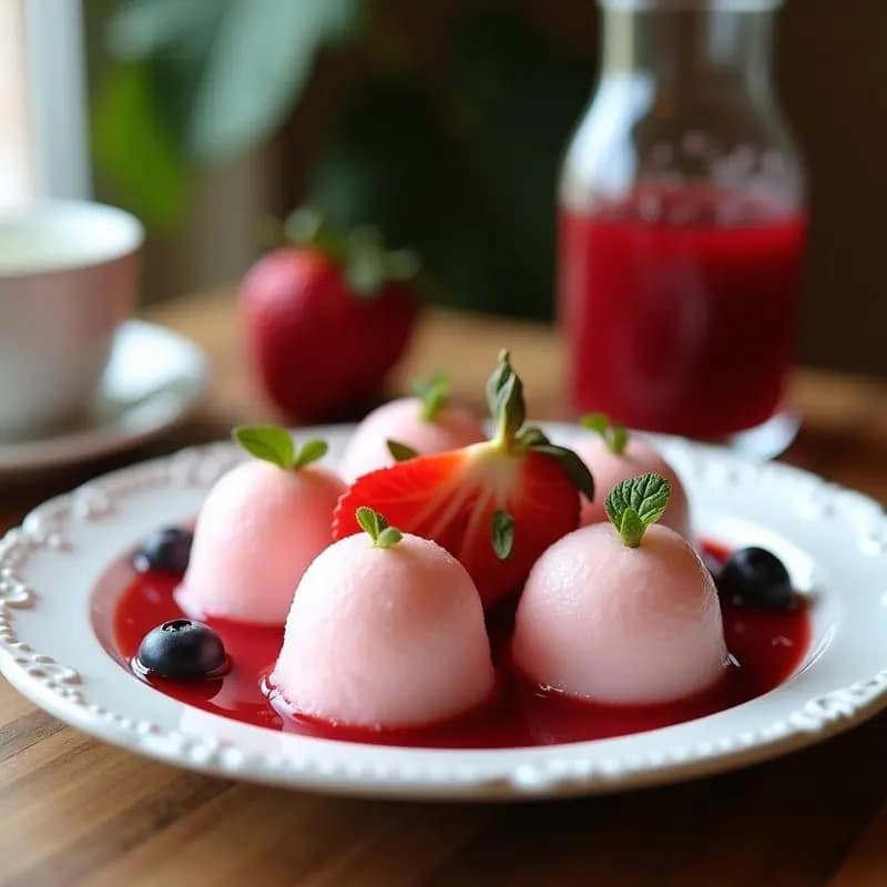 Paletas heladas de yogur griego y frutos rojos congelados en formas geométricas de silicona: hexágonos, estrellas y triángulos, con capas vibrantes de color rosa y blanco, servidas en bandeja de madera con decoración de semillas de chía.
