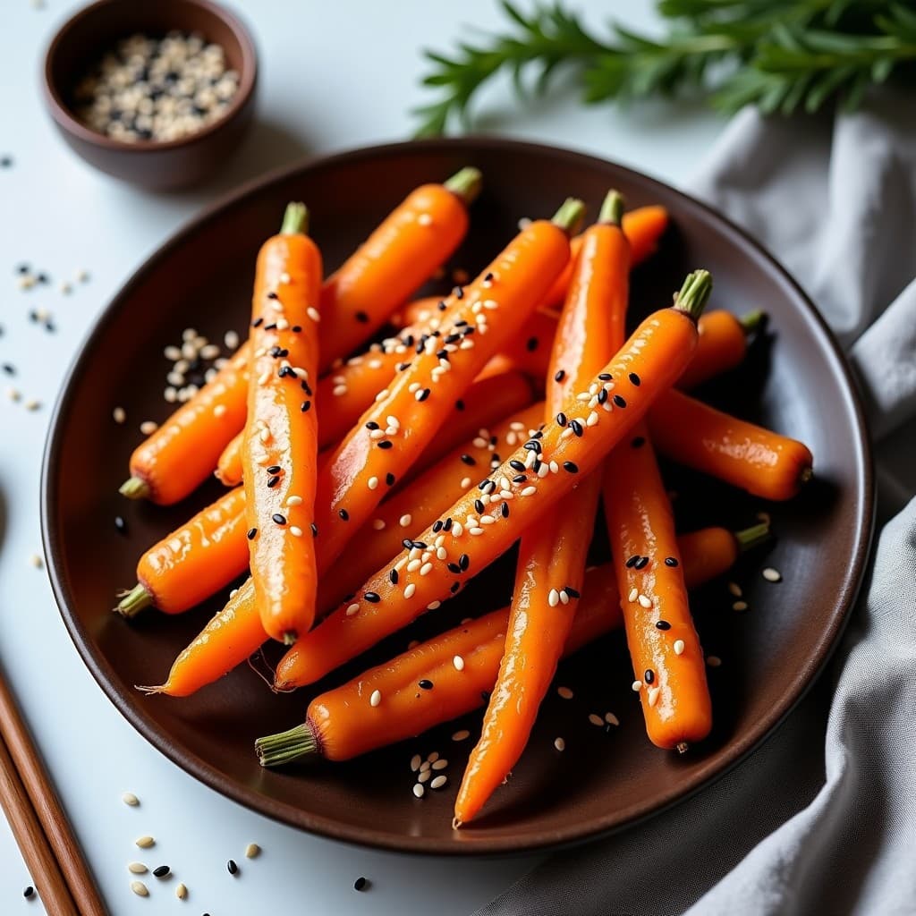 Palitos de zanahoria dorados y crujientes glaseados con miso y cubiertos de semillas de sésamo negro y blanco, servidos en un plato de madera oscuro con fondo minimalista. Receta de aperitivo japonés keto en airfryer.