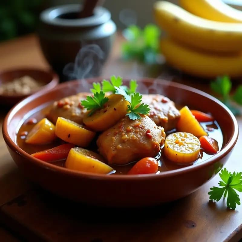 Plato hondo de barro con paloa de pollo y plátano maduro, guiso dominicano en olla lenta con trozos de pollo dorado, rodajas de plátano caramelizado y caldo espeso. Decorado con cilantro fresco y servido con arroz blanco.