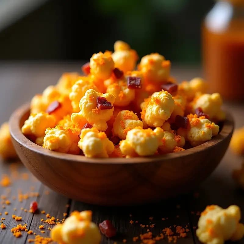 Cuenco negro repleto de palomitas de maíz doradas cubiertas de caramelo brillante, espolvoreadas con queso en polvo naranja y trocitos de tocino crujiente, sobre fondo de madera rústica, receta de snack de cine extremo.