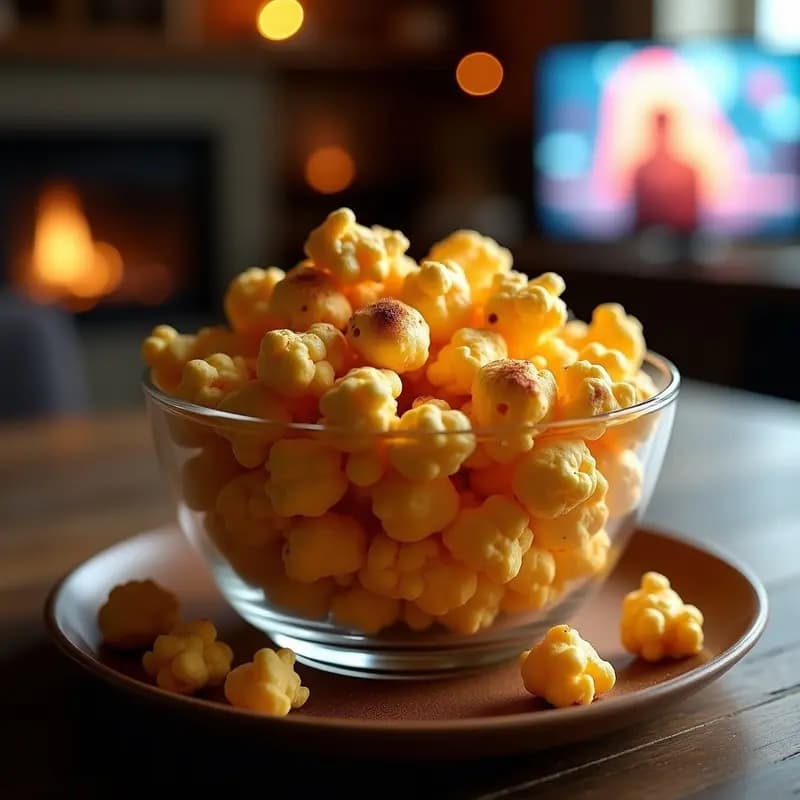 Cuenco de cristal transparente lleno de palomitas de maíz doradas bañadas en caramelo brillante de eritritol y canela, con un fondo oscuro y luces cálidas que resaltan su textura crujiente. Snack keto sin azúcar ideal para el cine.