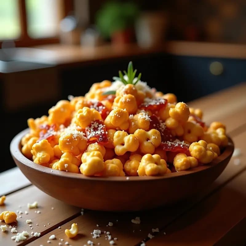 Bol grande lleno de palomitas de maíz doradas y brillantes, cubiertas de caramelo oscuro, trozos de bacon crujiente y queso parmesano rallado espolvoreado. Fondo borroso con textura de madera rústica para resaltar el contraste dulce-salado del snack.