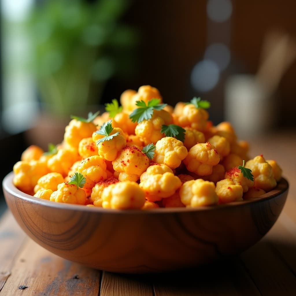 Bol grande de palomitas de maíz doradas y esponjosas, cubiertas con mantequilla clarificada brillante y especias tandoori de color rojizo, servidas en un plato de madera rústico con hojas de cilantro fresco como decoración. Receta de palomitas de maíz con especias de tandoori y mantequilla clarificada en airfryer.