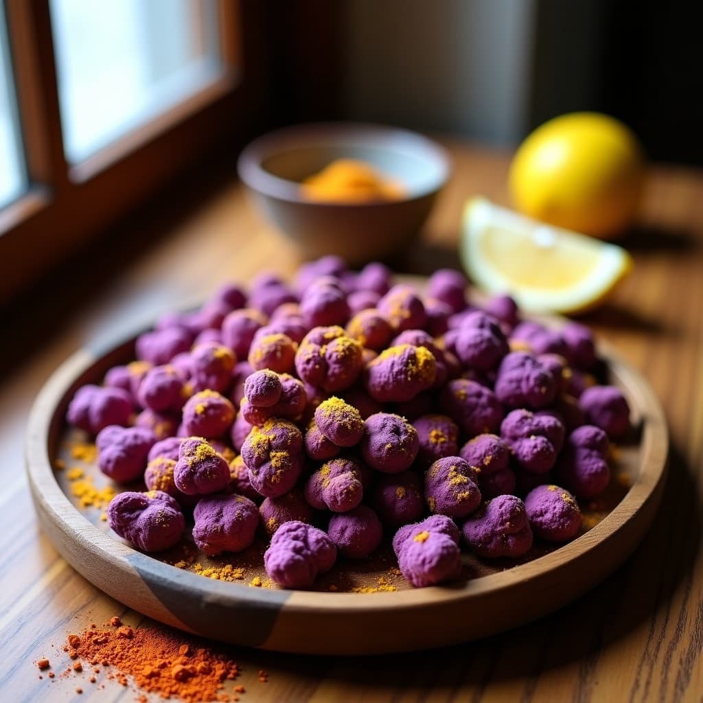 Bandeja de madera con palomitas de maíz morado crujientes, cubiertas con un polvo dorado de queso vegano y especias, servidas junto a un cuenco pequeño con mezcla de especias y rodajas de limón al fondo. Receta de snack sin gluten y alta en fibra.