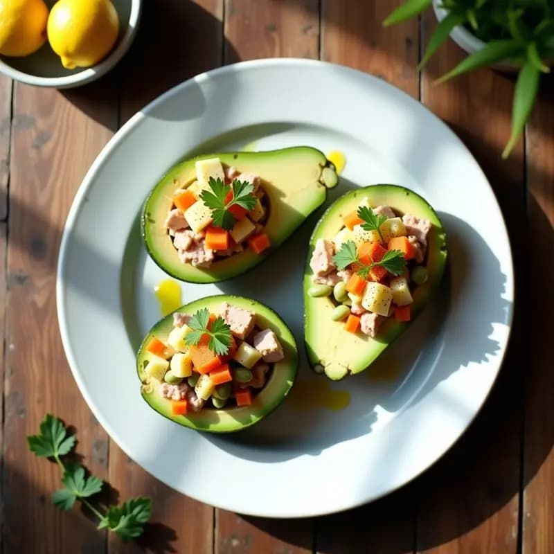Plato blanco con dos mitades de palta Hass rellenas de una mezcla cremosa de atún, zanahoria rallada, arvejas y huevo, decoradas con perejil fresco sobre hojas de lechuga morada. Receta peruana de palta rellena de atún y ensalada rusa.