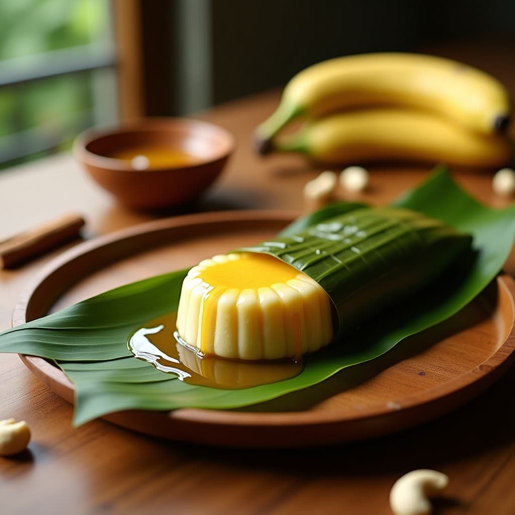 Pamonha brasileña de plátano macho verde envuelta en hoja de bananero, servida en plato rústico con queso vegano de anacardos y un hilo de miel de yacón. Postre sin horno y sin azúcar, textura cremosa y color dorado claro.