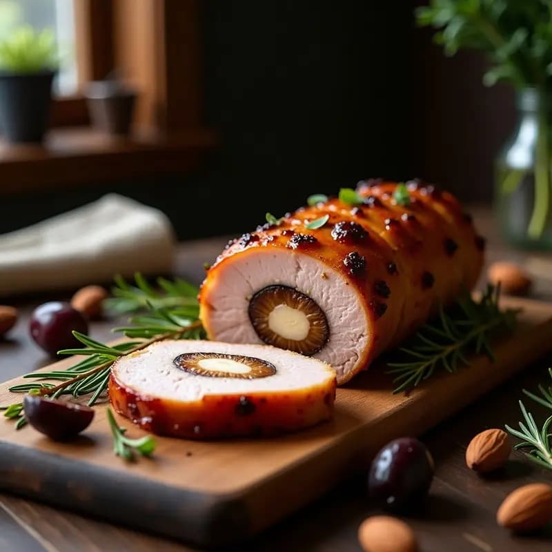 Pamplona de cerdo rellena de ciruelas pasas cortada en rodajas gruesas, mostrando el relleno de cebolla caramelizada y ciruelas, dorada al horno y servida en una fuente de barro con jugos reducidos.
