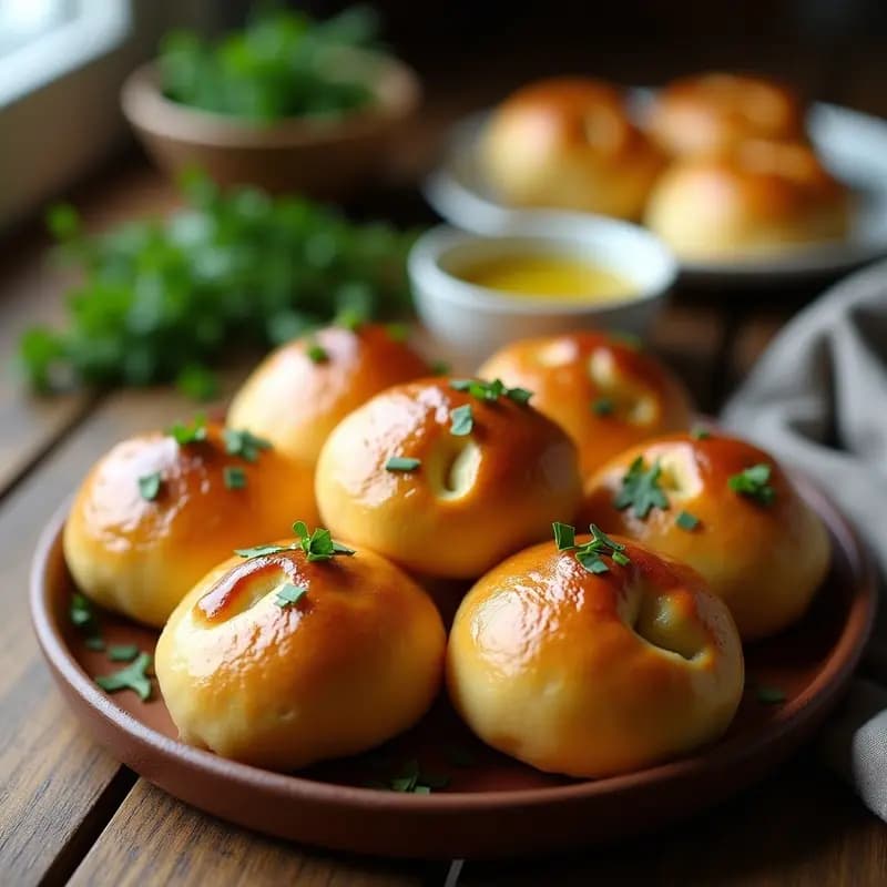 Pampushky ucranianos de ajo y hierbas en airfryer: panecillos dorados y esponjosos, brillantes por el aceite de oliva con ajo, espolvoreados con perejil y cebollino fresco, servidos en un plato de cerámica rústica sobre una mesa de madera.