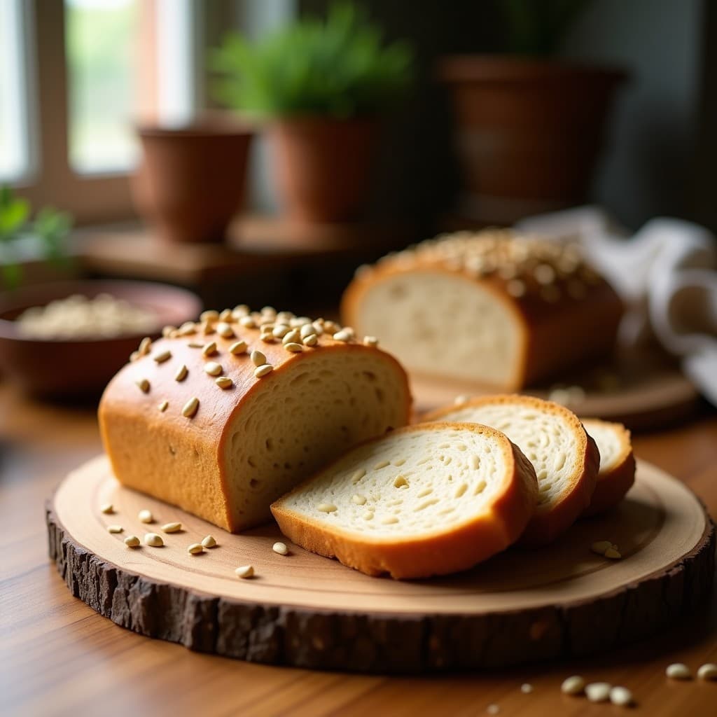 Pan de avena y semillas de girasol con harina de grillo rebanado sobre tabla de madera rústica, mostrando su migaja esponjosa y corteza dorada con semillas crujientes. Receta sin gluten y sostenible.