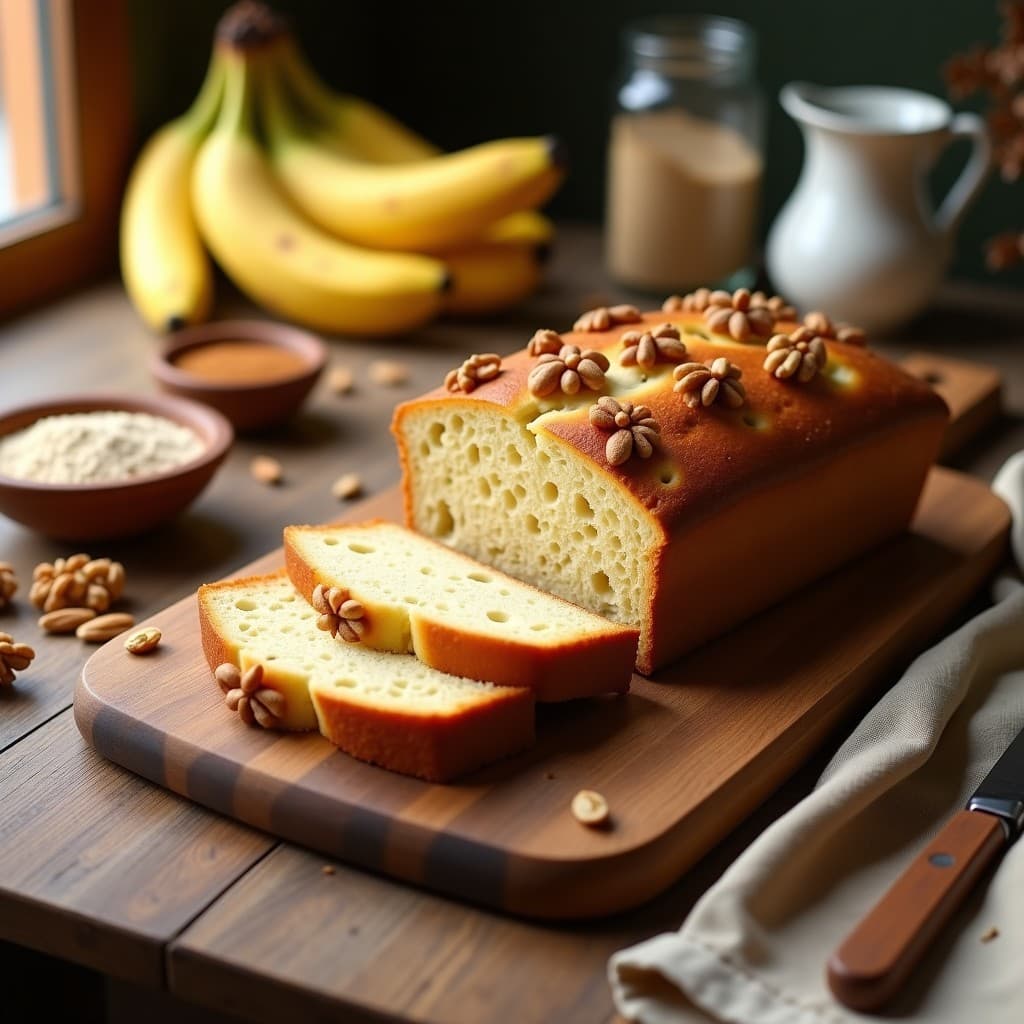 Pan de banana keto sin azúcar cortado en rebanadas gruesas, con textura esponjosa y dorada, decorado con nueces picadas. Servido sobre una tabla de madera rústica con un fondo desordenado de ingredientes como harina de almendra y bananas.
