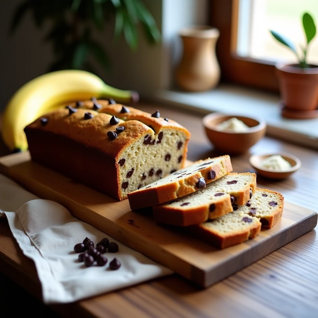 Pan de banana fitness sin harina cortado en rebanadas, con chips de chocolate 85% visibles en su interior y superficie dorada. Acompañado de un plátano y una cucharada de proteína de guisante en polvo sobre fondo rústico de madera.