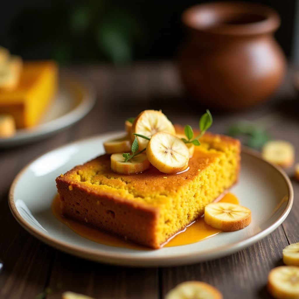 Pan de banano dorado con vetas de cúrcuma y chips de coco tostados en la superficie, cortado en rebanadas gruesas sobre una tabla de madera rústica. Desayuno filipino sin harina y antiinflamatorio.