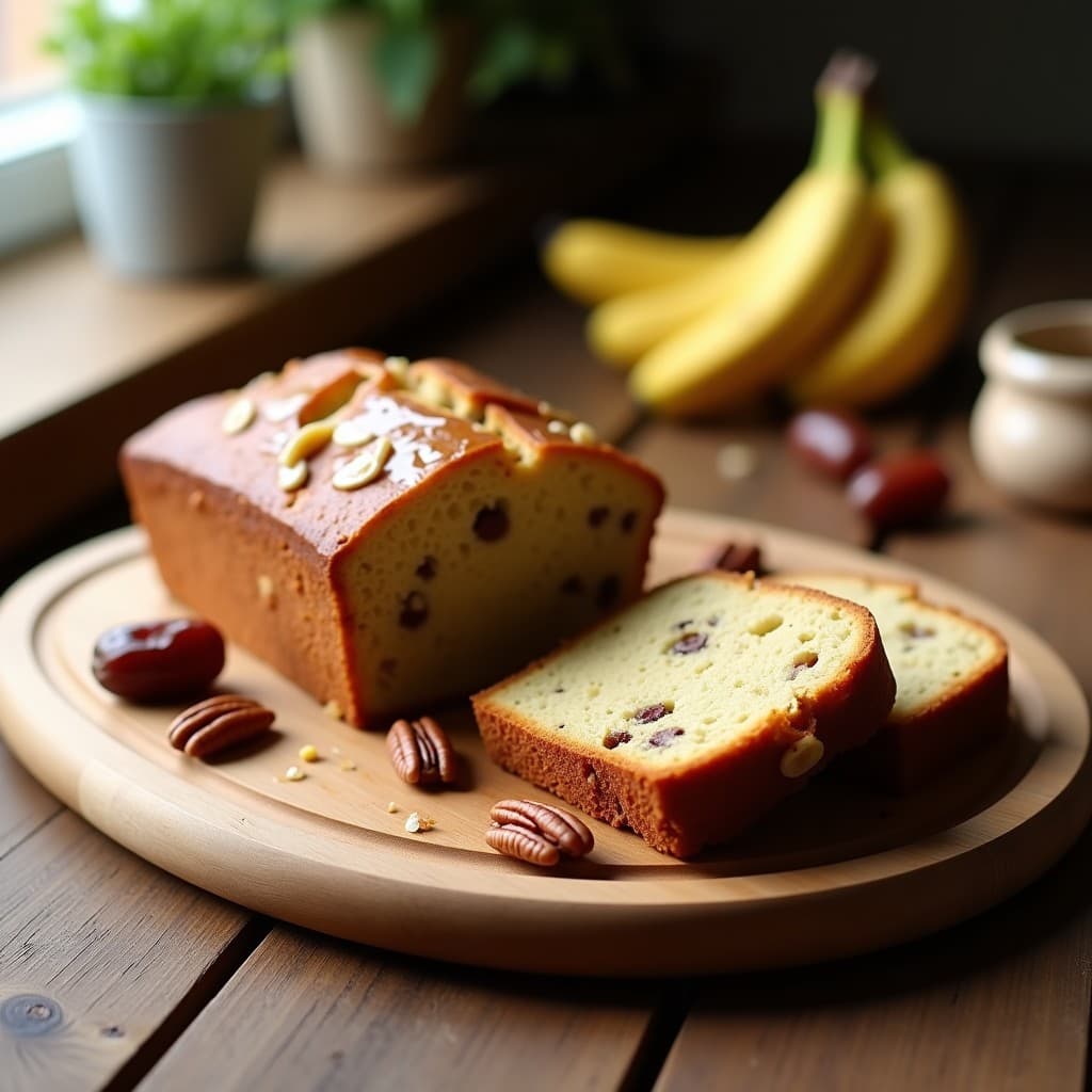 Pan de banano y nueces con toque de miel de dátiles rebanado sobre tabla de madera rústica, mostrando su miga húmeda y dorada con trozos de nueces pecanas. Fondos de dátiles y bananos maduros como decoración natural.