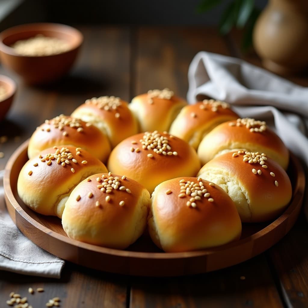 Pan de chipá paraguayo dorado y esponjoso, con semillas de sésamo tostadas por encima, dispuesto en una bandeja de madera rústica. Receta sin gluten y sin lactosa con harina de mandioca.
