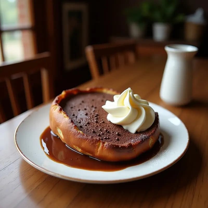 Plato blanco rústico con dos rebanadas de pan tostado cubiertas de sobrasada dulce y chocolate negro fundido brillante. Fondo borroso con taza de café humeante y servilleta de lino. Desayuno tradicional catalán.
