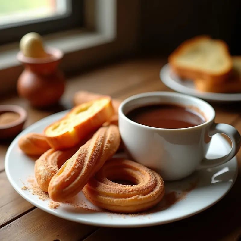 Plato tradicional español con churros dorados y crujientes espolvoreados con azúcar y canela, acompañados de una taza de chocolate espeso y pan tostado. Desayuno clásico de whole food con ingredientes sencillos.