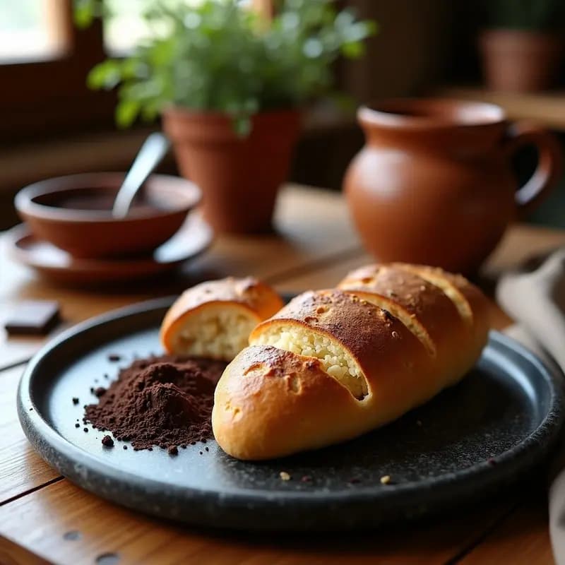 Pan rústico casero recién horneado con chocolate negro a la piedra raspado, servido en una tabla de madera con detalles tradicionales catalanes.