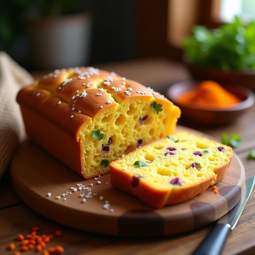 Pan de elote dorado con vetas de queso cotija y chili en polvo, cortado en rebanadas gruesas sobre una tabla de madera rústica. Acompañado de cebolla morada y cilantro fresco, con un fondo de textura mexicana.