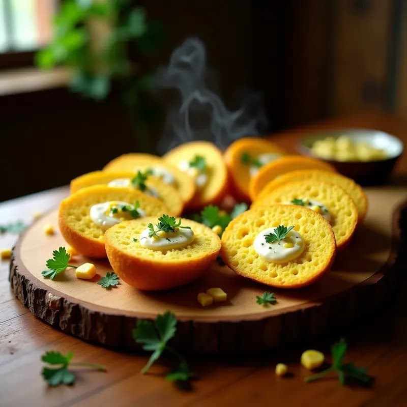 Pan de elote dorado en rodajas sobre una tabla de madera rústica, untado con mantequilla de ajo y hierbas frescas, acompañado de ramitas de tomillo y perejil, receta colombiana sin lactosa.
