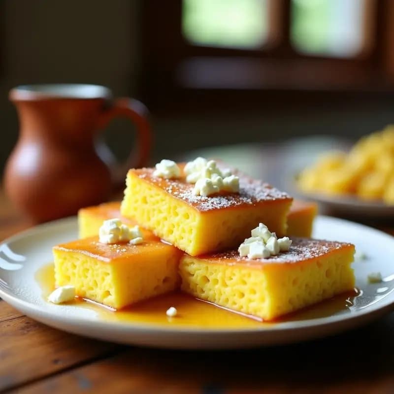 Pan de elote dorado recién horneado, cortado en cuadrados, con queso fresco desmenuzado y un hilo de miel dorada por encima, servido en un plato de barro rústico sobre una mesa de madera con fondo borroso de cocina tradicional colombiana.